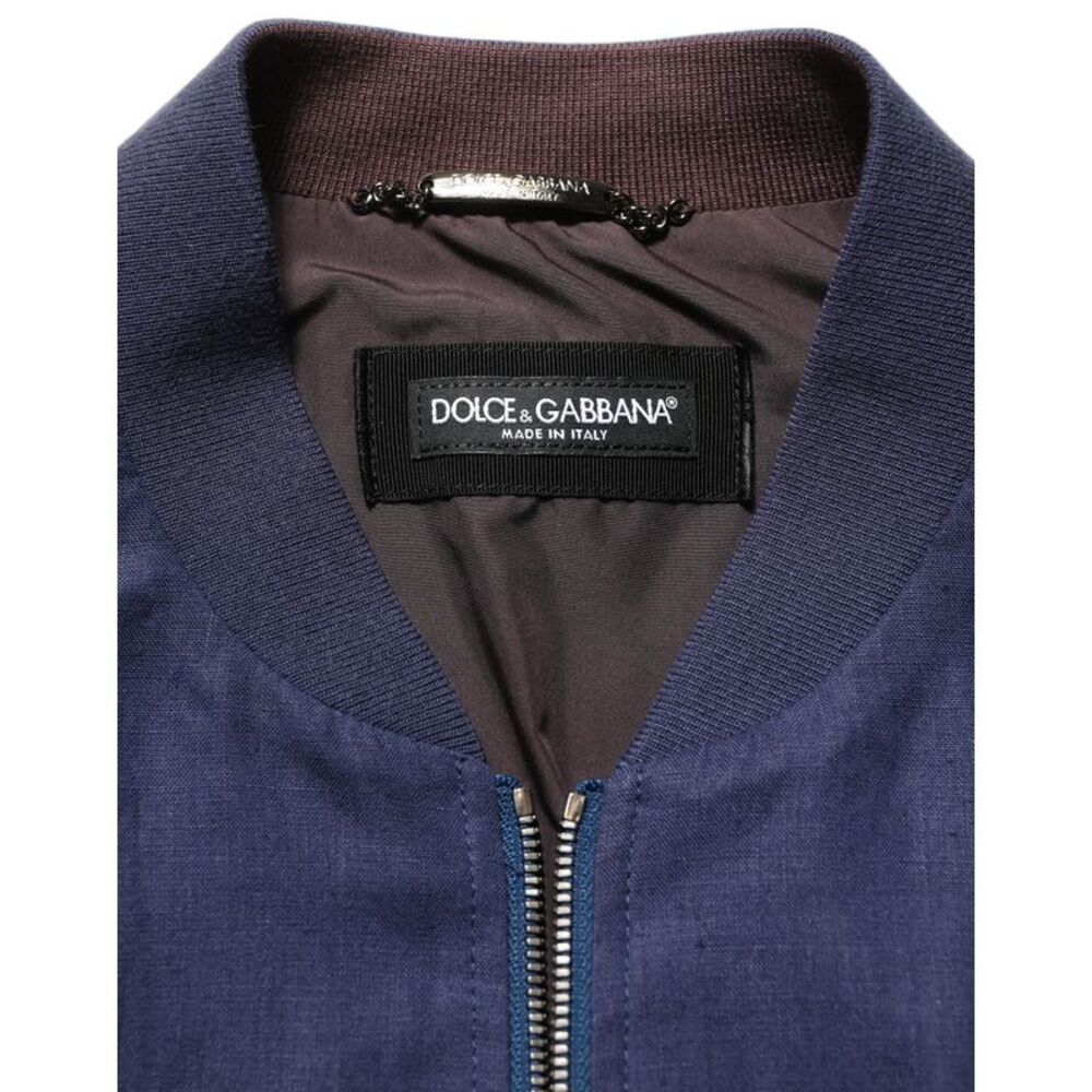 Dolce & Gabbana Blue Linen Full Zip Men Bomber Men's Jacket